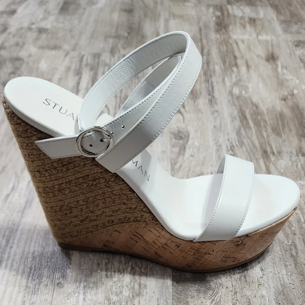 Stuart Weitzman 5050 Wedge Sandal Women's Size 10 White Natural Leather - Picture 2 of 14